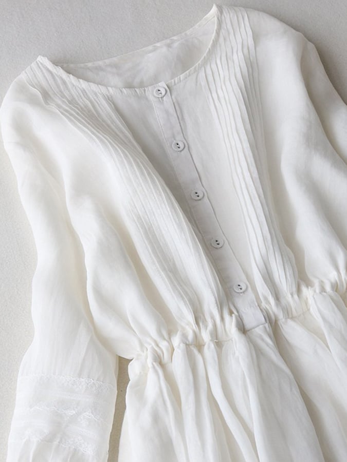 Medium Sleeved Cotton Linen Loose Lace Up Pleated Large Swing Dress