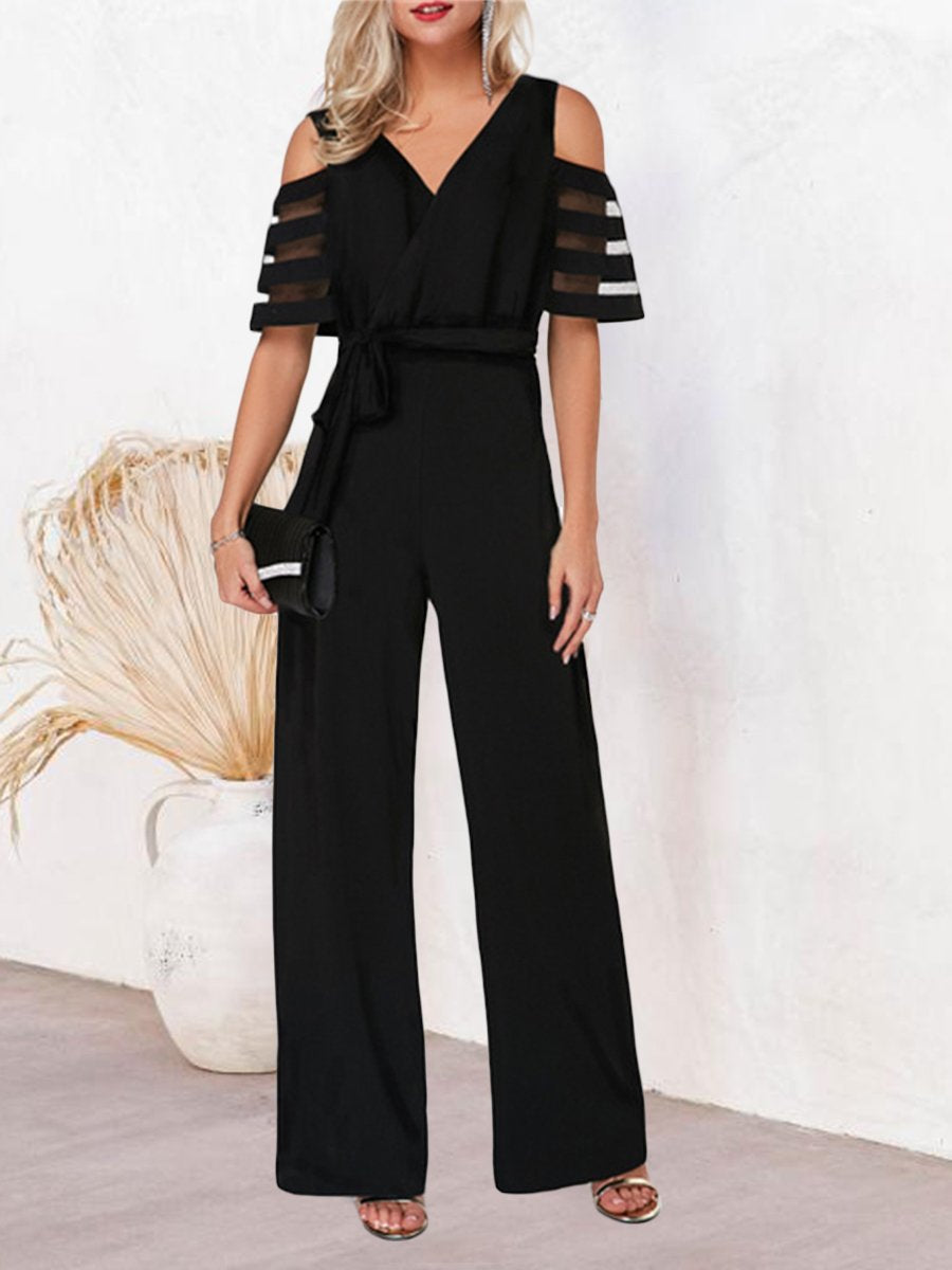 Mesh Patchwork Sleeves V Neck Formal Dressy Jumpsuit