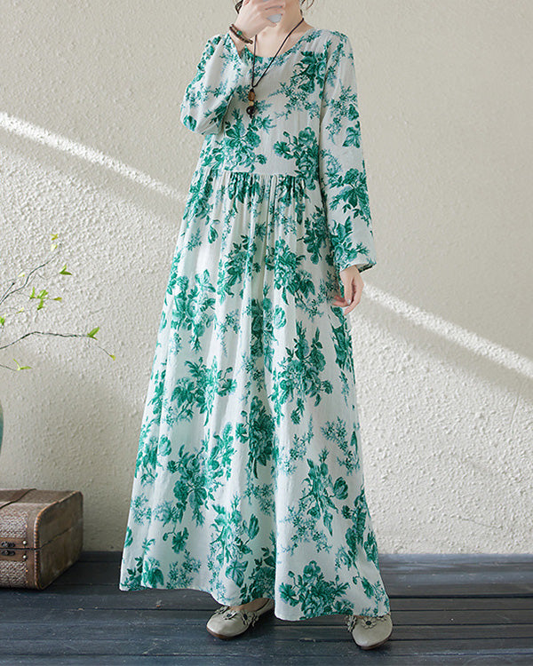 Holiday Round Neck Vintage Cotton and Linen Dress
