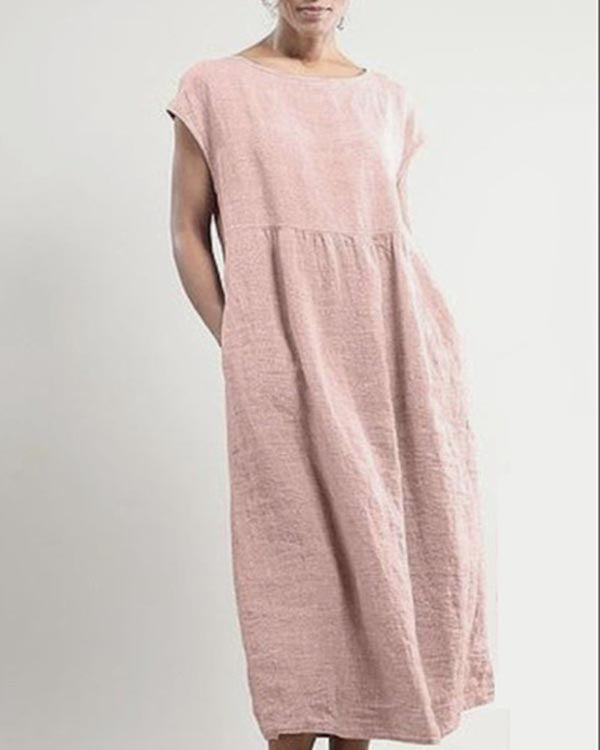 Solid Sleeveless Loose Linen Pocket Dress
