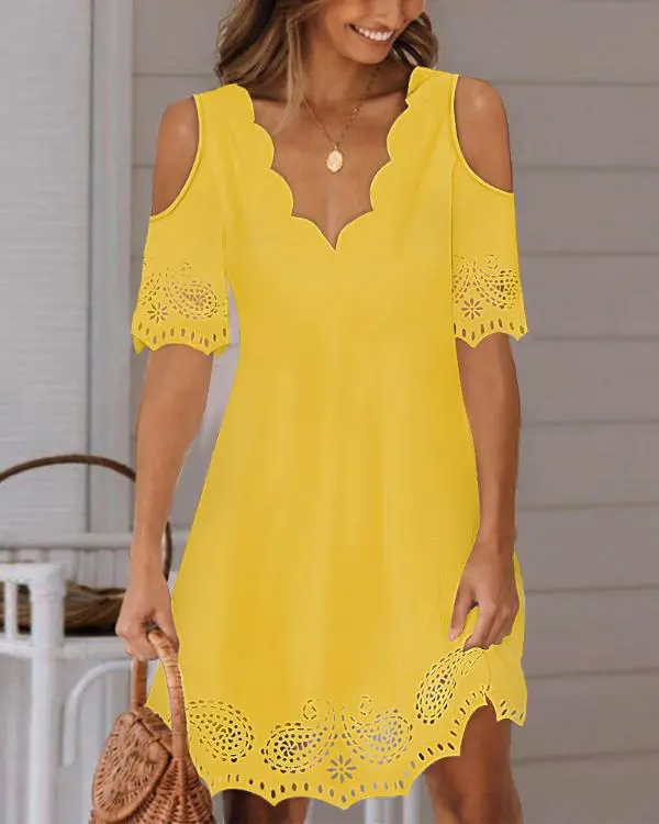 Elegant Solid Color Short Sleeve Lace Dress