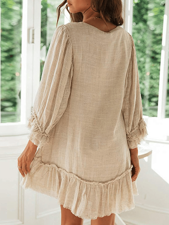 Women's Solid Color Loose Long Sleeve Ruffle Hem Cotton Linen Dress