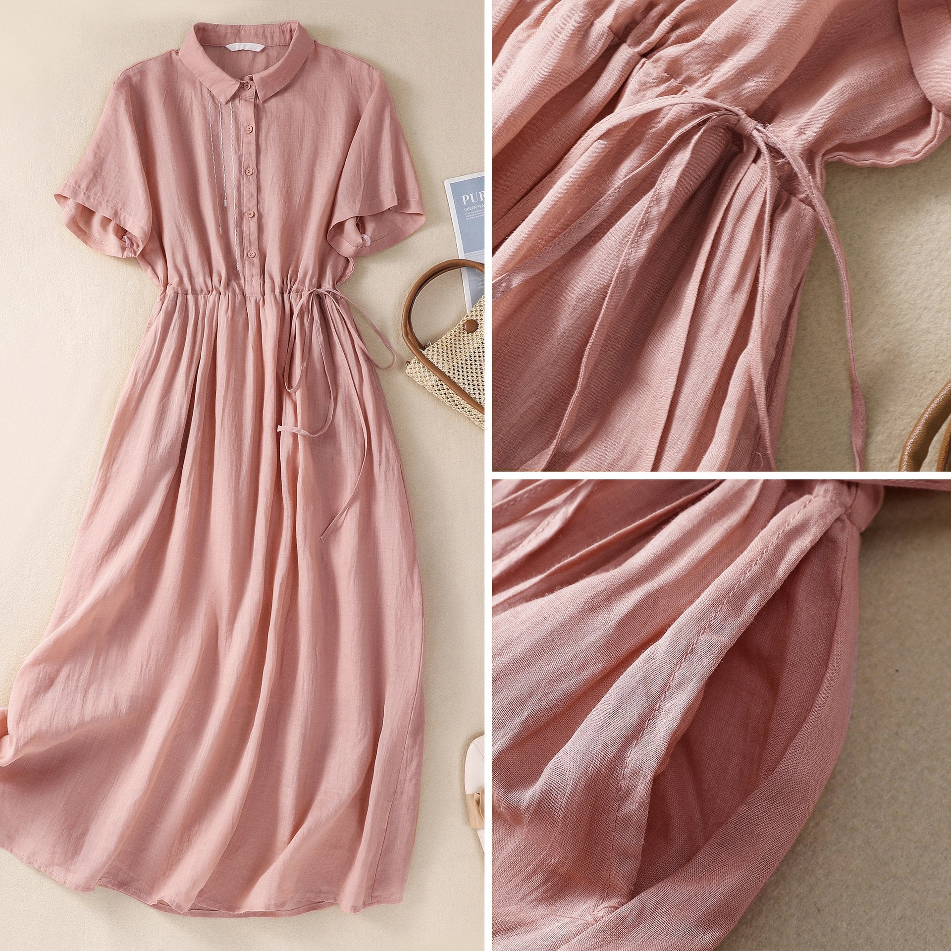 Women's Literary And Retro Temperament Contrast Color Line Design Tie Dress
