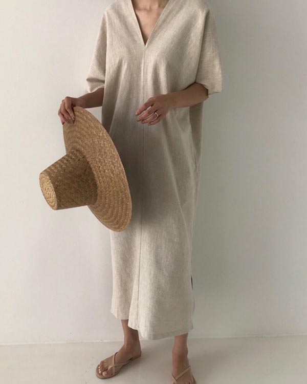 Vintage Linen Loose V-Neck Short Sleeve Dress
