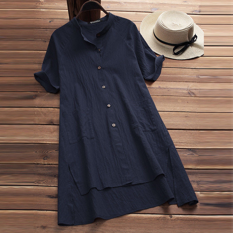 Vintage Slit Up Button Down Cotton Linen Comfy Midi Dress