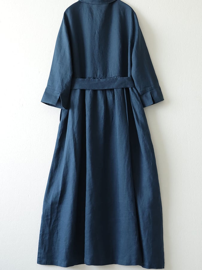 Cotton Linen Lapel Button Belt Solid Color Shirt Dress