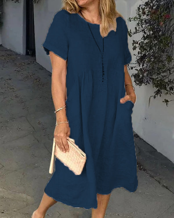 Women Summer Pockets Solid Linen Dresses