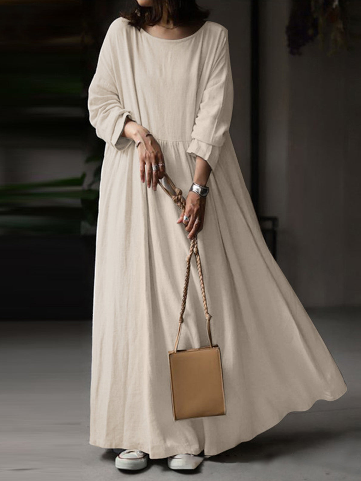 Daily Crew Neck Long Sleeve Pocket Solid Loose Maxi Dress