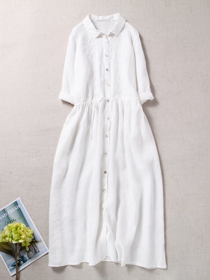 3/4 Sleeves Cotton Linen Loose And Slim Embroidered Dress