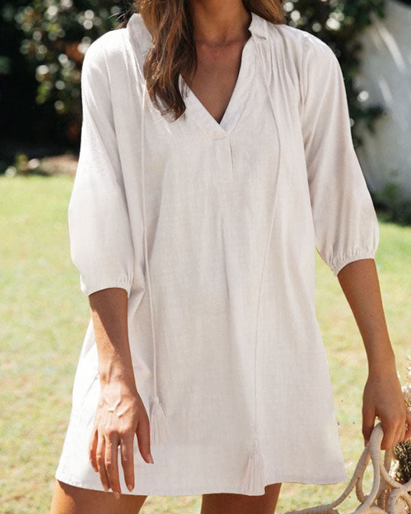 Women Casual V Neck Half Sleeve Solid Linen Dresses