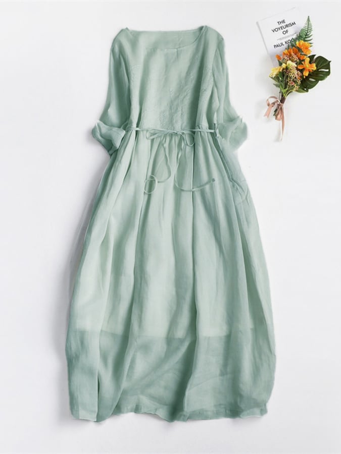 Cotton And Linen Embroidered Lace Up Waist Up Dress
