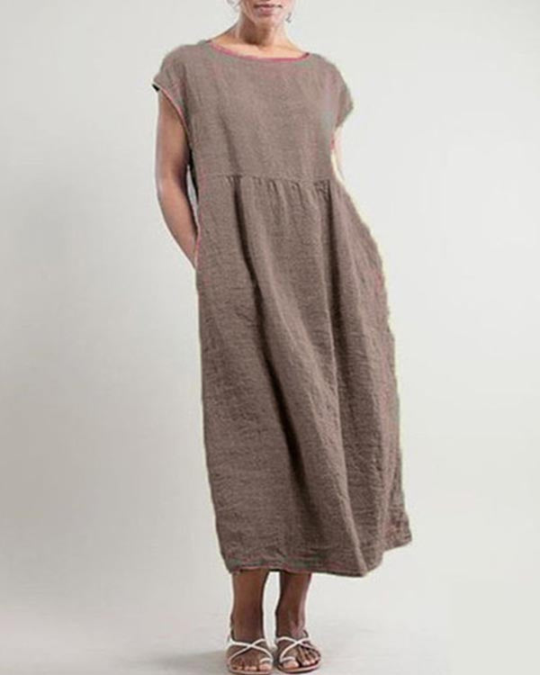 Solid Sleeveless Loose Linen Pocket Dress