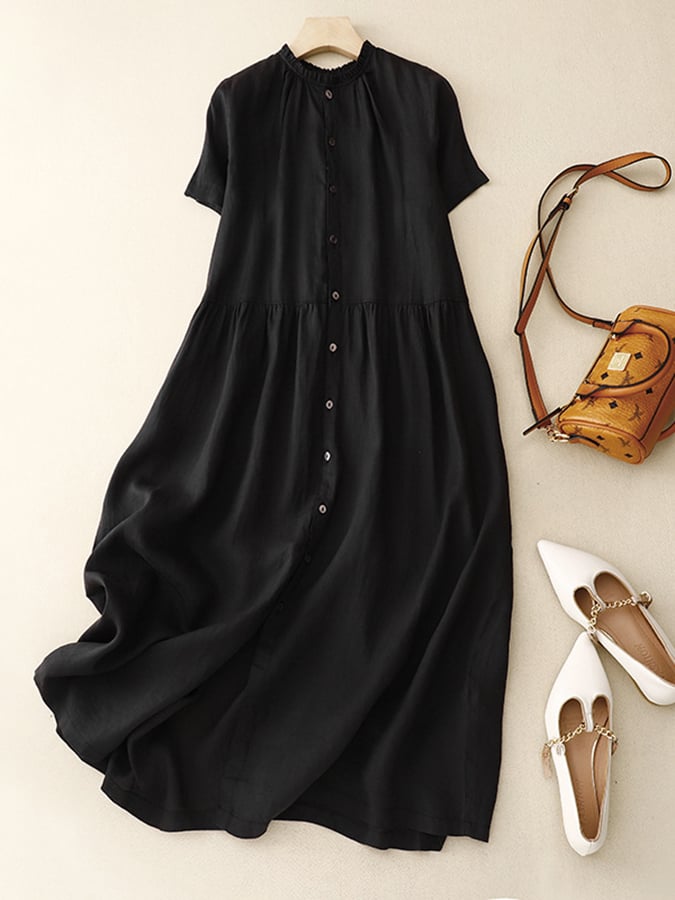 Artistic Loose Solid Short Sleeve Dress