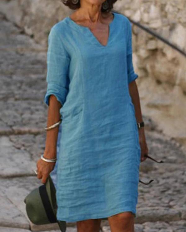 Solid V-Neck Long Sleeve Casual Summer Dresses