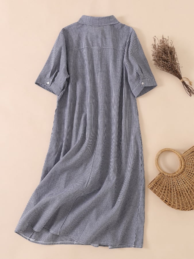 Cotton And Linen Plaid Retro Casual Loose Polo Neck Dress