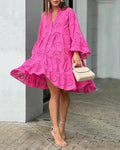 Solid Color V Neck Loose Lace Swing Dress