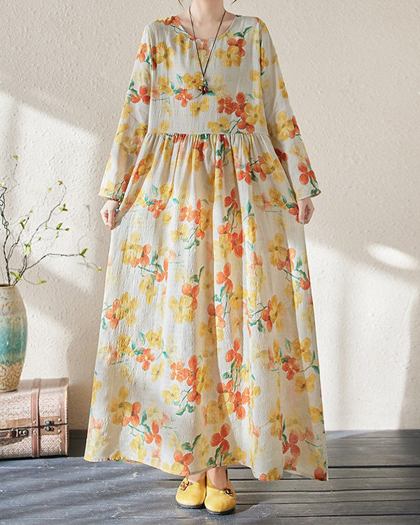 Holiday Floral Round Neck Vintage Cotton and Linen Dress