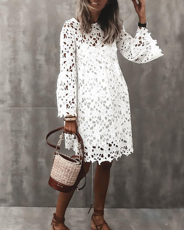 Women's Sheath Dress Long Sleeve Solid Color Lace Hollow Dress