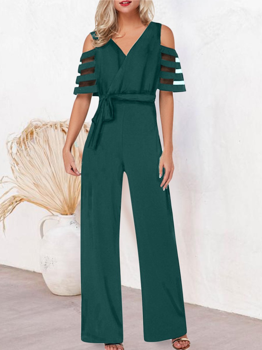 Mesh Patchwork Sleeves V Neck Formal Dressy Jumpsuit