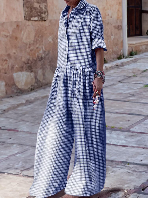 Casual Plaid Long Sleeve Loose Jumpsuit