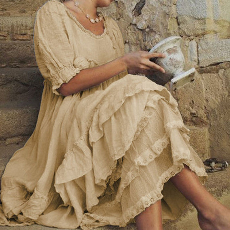 Vintage Cotton Linen Layer Ruffle Comfy Maxi Dress