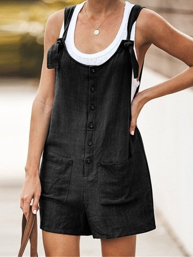 Ladies Spring/Summer Solid Color Round Neck Button Loose Short Jumpsuit
