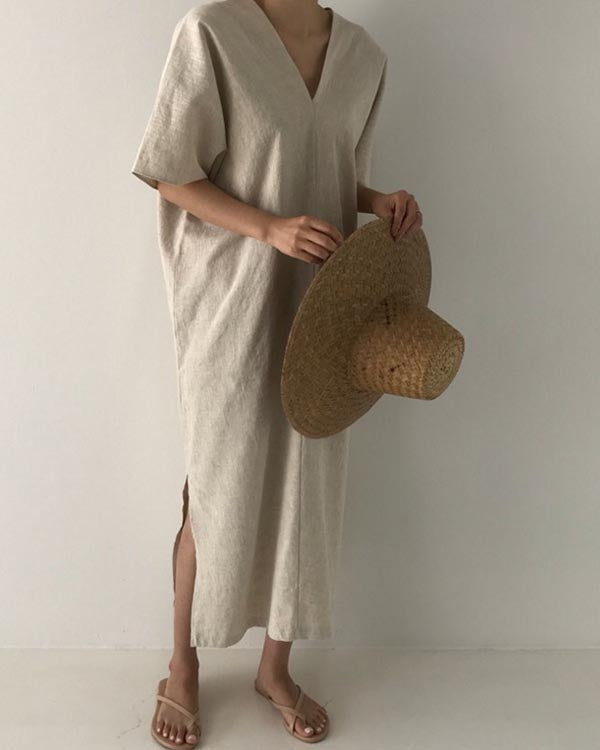 Vintage Linen Loose V-Neck Short Sleeve Dress
