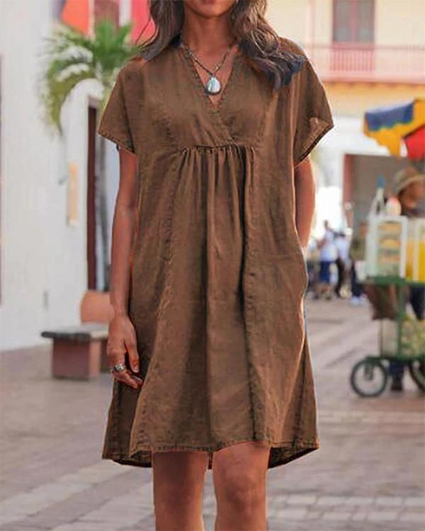 Casual V Neck Solid Woman Linen Dresses