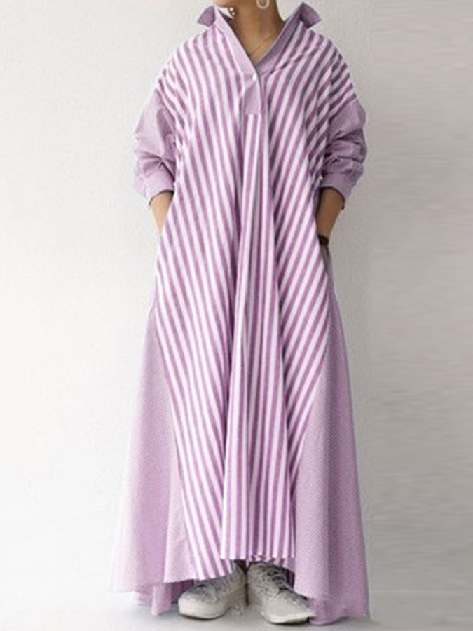 Women's V-Neck Long Sleeve Striped Shirt Dress