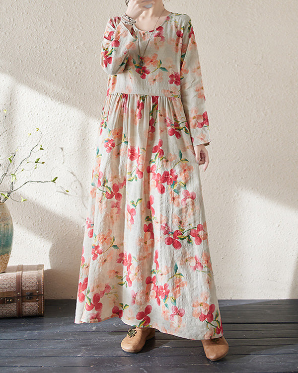 Holiday Floral Round Neck Vintage Cotton and Linen Dress