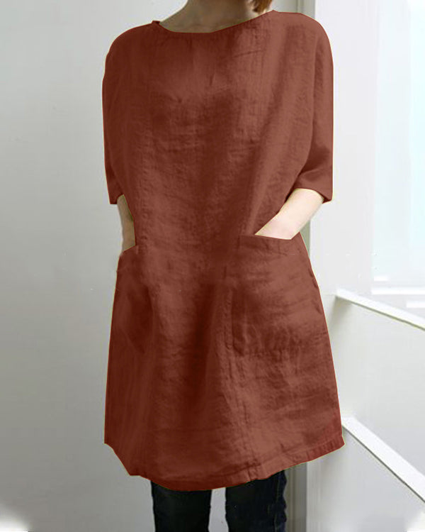 Plus Size Solid Half Sleeve Crew Neck Pocket Linen Dress
