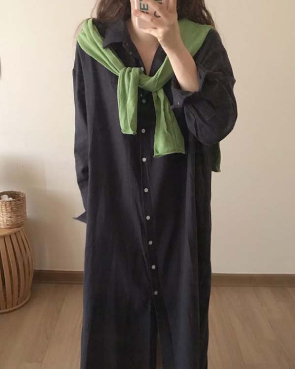 Casual Loose Solid Color Cotton Linen Shirt Dress