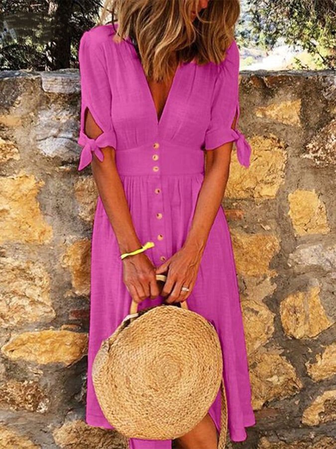 Women's Solid Cotton Linen V-Neck Tie Half-Sleeve Casual Dress