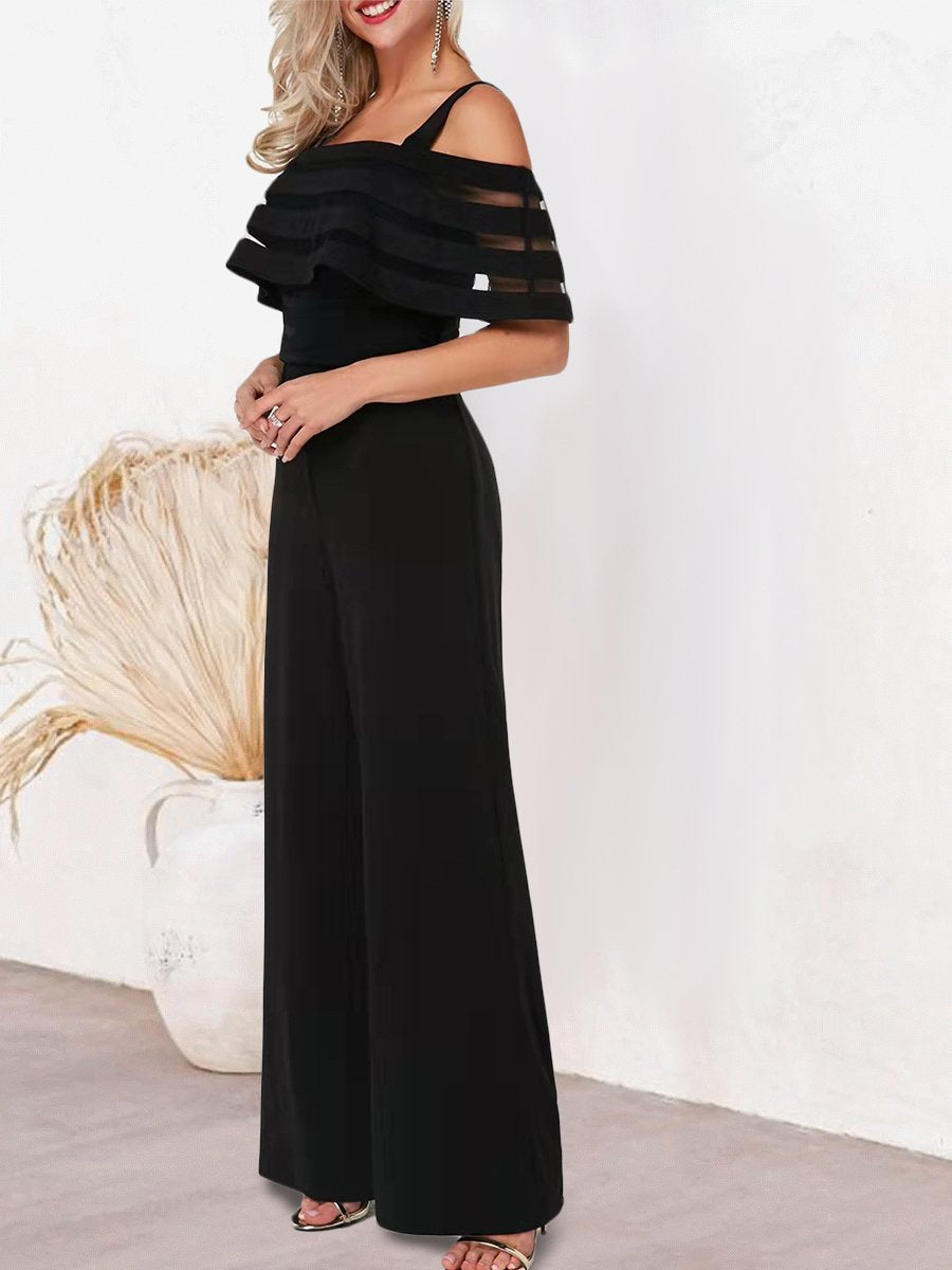Off Shoulder Sheer Mesh Sleeves Straight  Jumpsuit