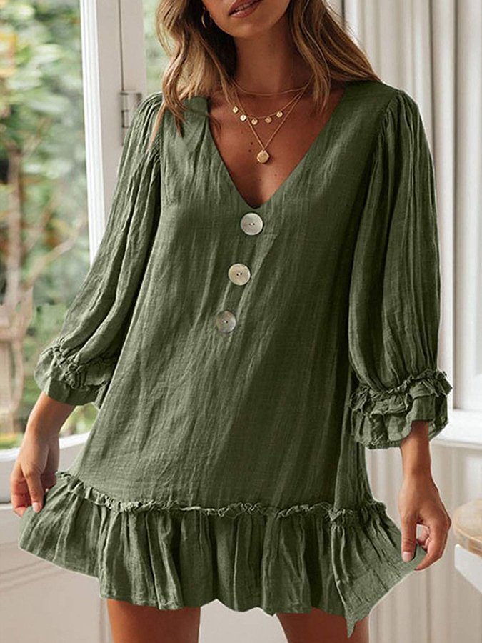 Women's Solid Color Loose Long Sleeve Ruffle Hem Cotton Linen Dress