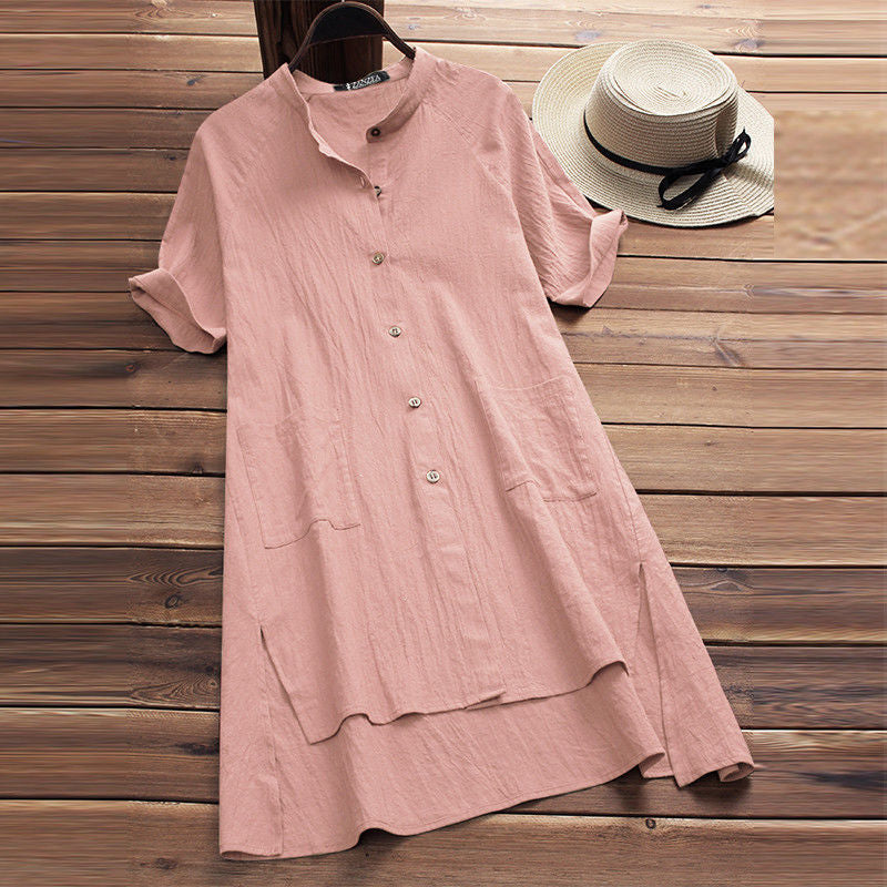 Vintage Slit Up Button Down Cotton Linen Comfy Midi Dress