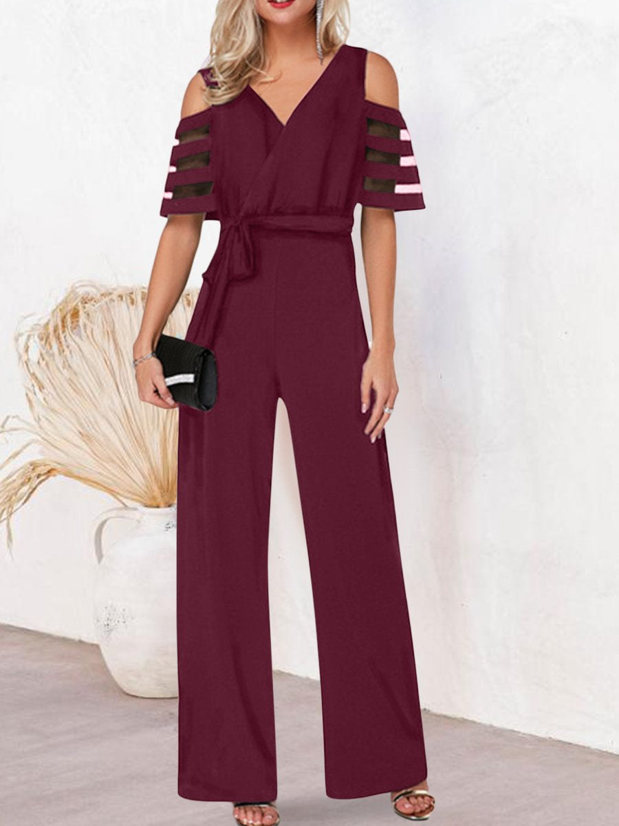 Mesh Patchwork Sleeves V Neck Formal Dressy Jumpsuit