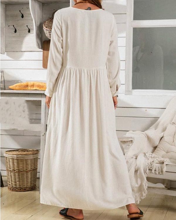 Round Neck Long Sleeve Solid Linen Panel Dress