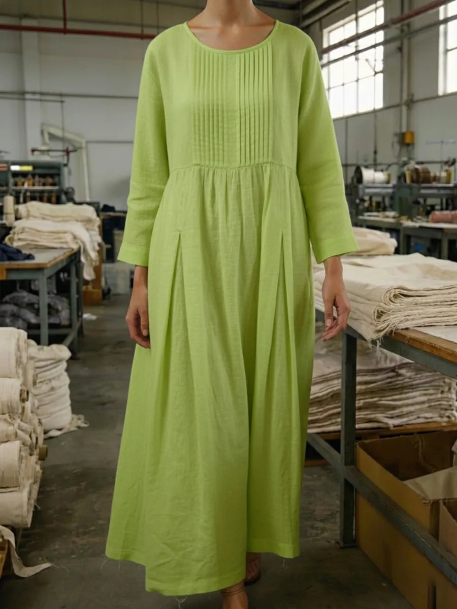 Vintage-style Pleated Linen Midi Dress