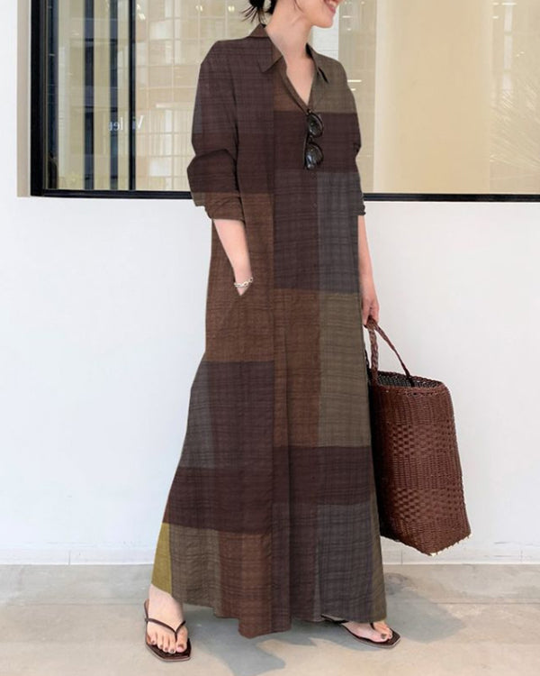 Casual Color Block Cotton Linen Shirt Collar Dress