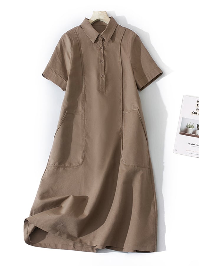 Loose Solid Cotton Linen Lapel Short Sleeve Dress