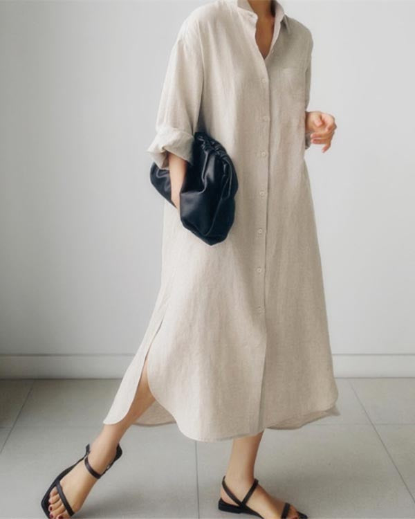 Casual Solid Color Shirt Cotton Linen Slit Dress