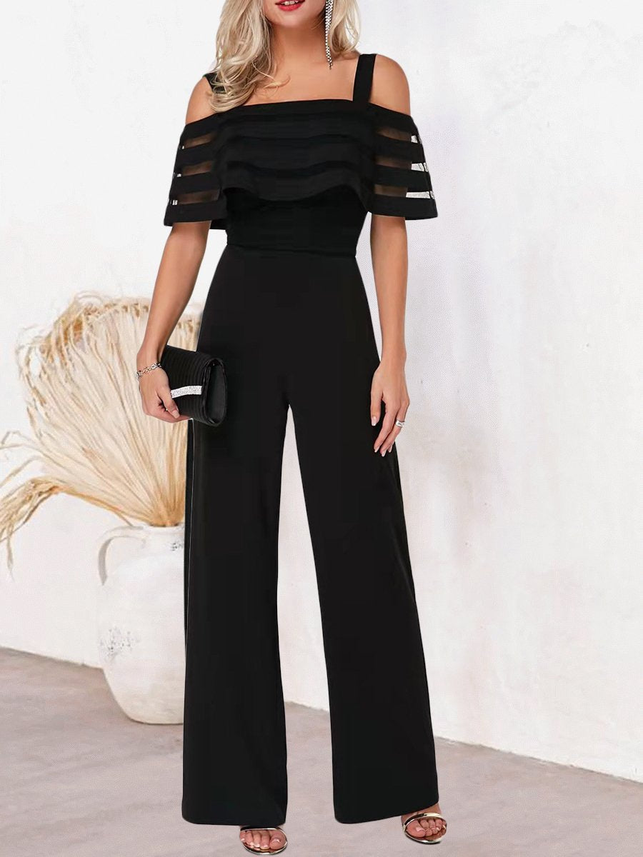 Off Shoulder Sheer Mesh Sleeves Straight  Jumpsuit