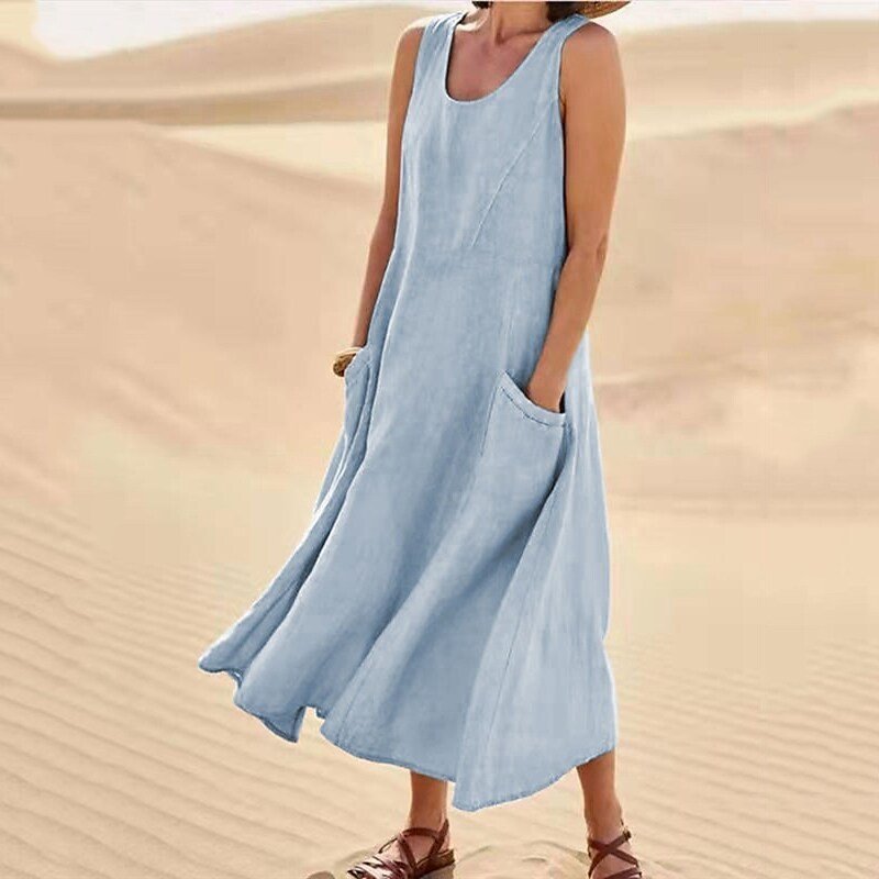 Women's Sleeveless Cotton And Linen Dress