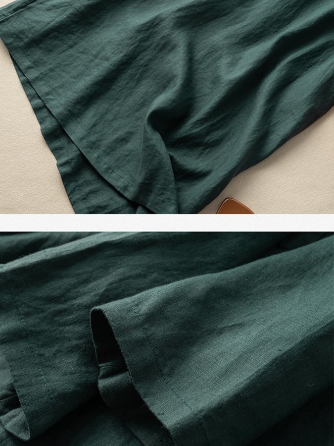 Cotton And Linen V-Neck Pleated Loose Dress