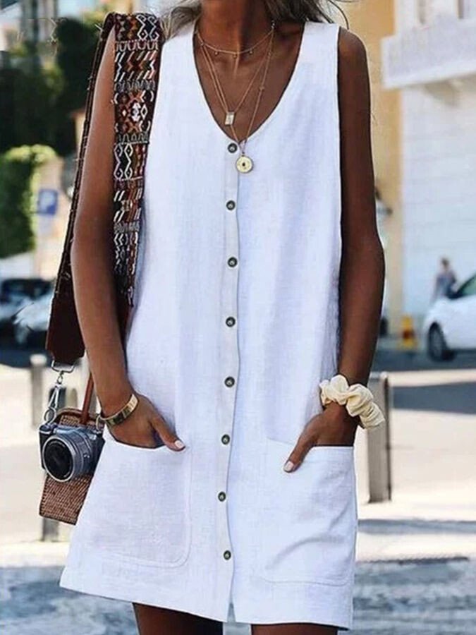 Women's Fashion Simple Cotton Linen V-Neck Pocket Sleeveless Cardigan Dress