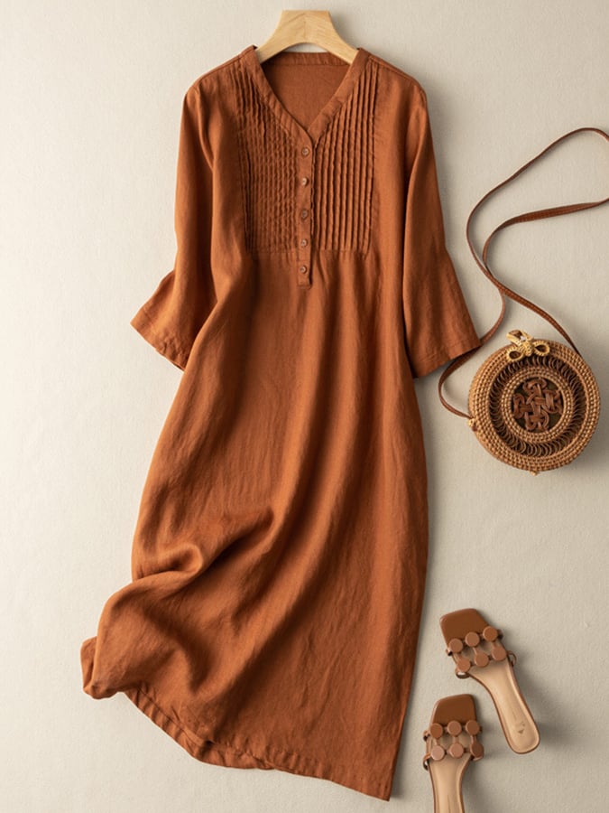 Cotton And Linen V-Neck Pleated Loose Dress