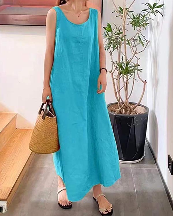 Linen Loose Crew Neck Sleeveless Dress
