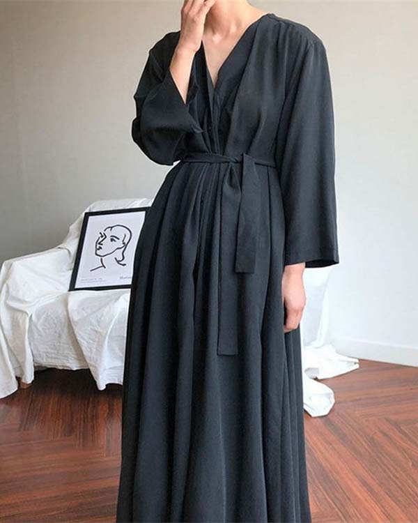 Vintage Cotton Solid Color Loose Long Pleated Tie Dress