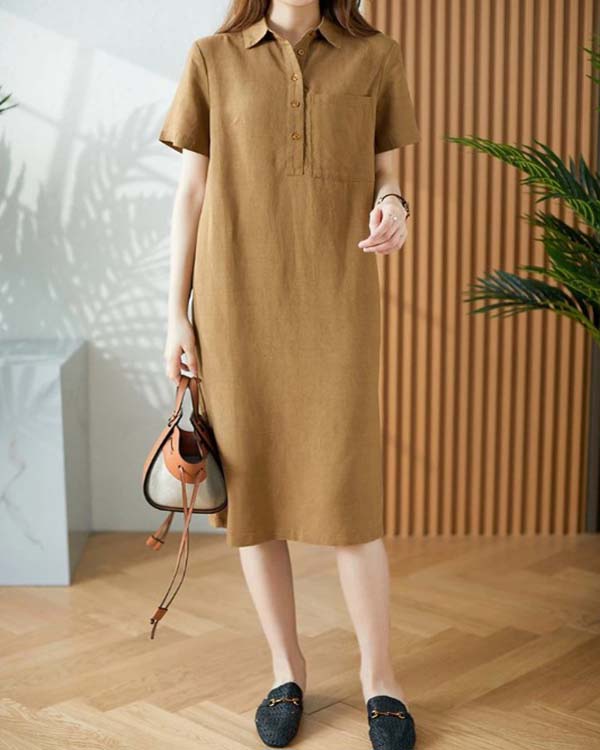 Linen Cotton Short Sleeve Simple Dress